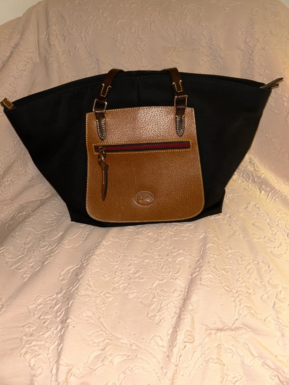 Dooney & Bourke Black Tote Bag with Brown Leather Flap and Handles - Picture 2 of 10